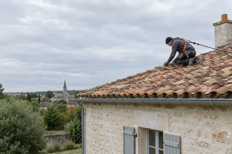 Réparation de toiture : couvreur avec harnais sur une couverture en tuile canal dans la Vienne