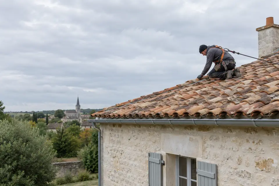 Couvreur au travail sur une toiture en tuile canal, typique des maisons de Poitiers et de la Vienne (86)