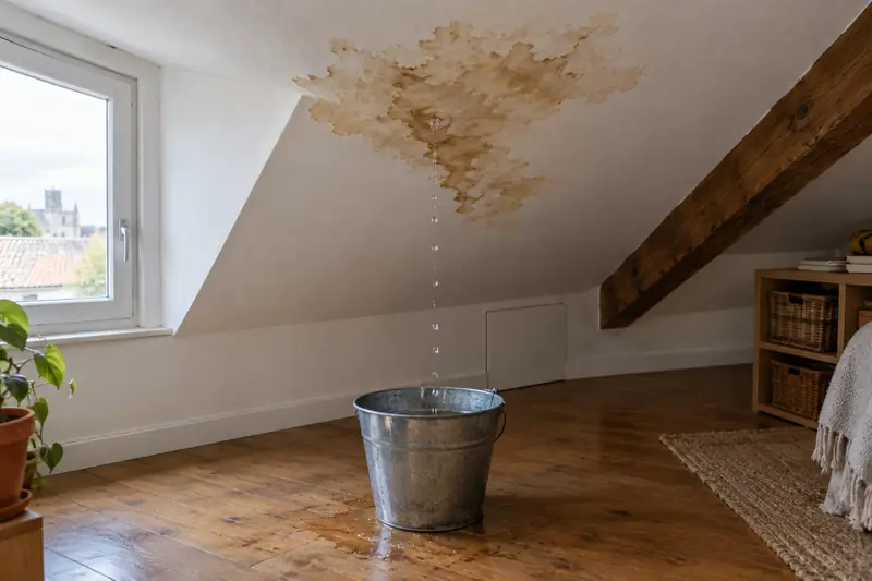 Fuite de toiture : tache d'infiltration au plafond des combles et seau qui récupère l'eau